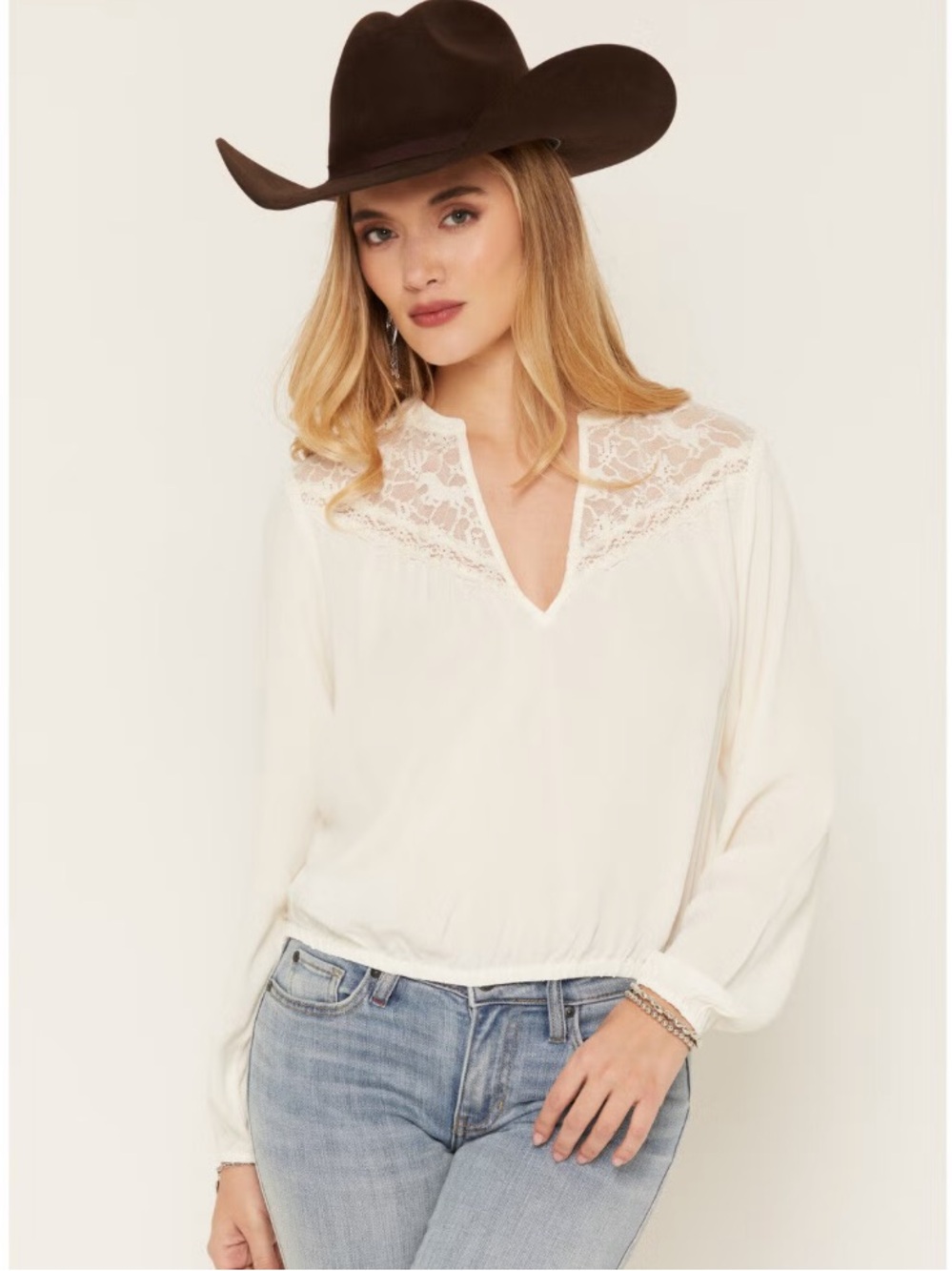 IDYLLWIND WOMEN'S WREN LACE TRIM LONG SLEEVE GEORGETTE TOP